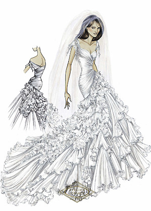 Elizabeth Hurley wears her wedding dress in a sketch provided by