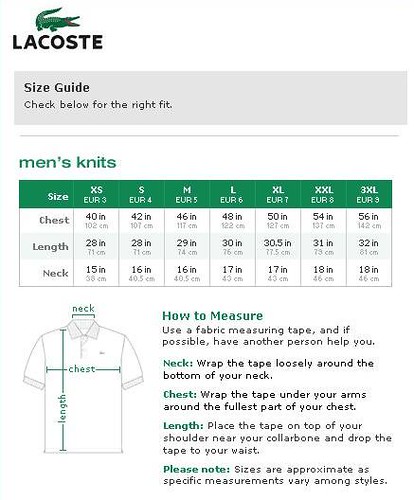 Lacoste Big And Size Chart