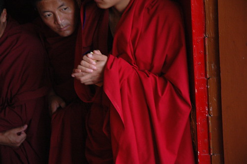 Monks eagerly awaiting the Lama's arrival, So very happy! Lam Dre, Tharlam Monastery of Tibetan Buddhism, Boudha, Kathmandu, Nepal by Wonderlane