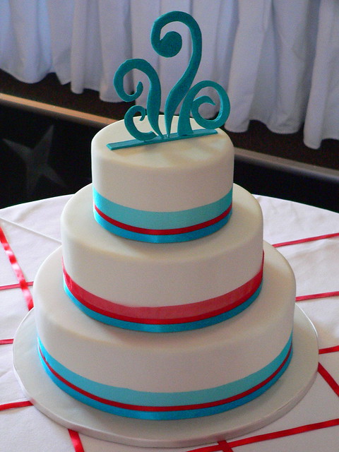 Teal and Red Wedding Cake Design to match wedding stationery