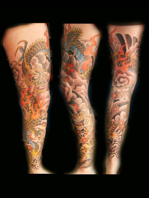 Dragon leg sleeve tattoo By Dan Kubin at Nowhere Fast Tattoo