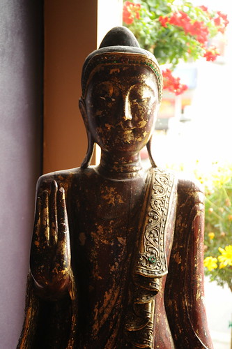 Calm Buddha statue in abhaya mudra with gold detail, red flowers, Uma Thai restaurant, Ballard, Seattle, Washington, USA by Wonderlane