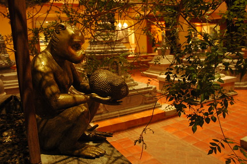Monkey holding a fruit, Tibetan Buddhist stupas, garden, hotel, Bodha, Kathmandu, Nepal by Wonderlane