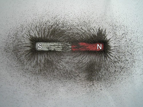 iron filings tracing the magnetic field of a bar magnet
