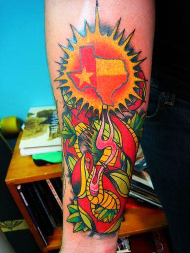 Snake and Texas Tattoo Traditional tattoo by Sam Chamberlain