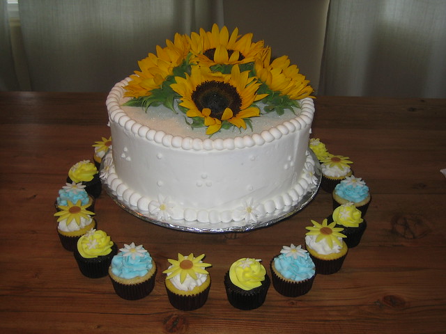 Sunflower wedding cake and cupcakes for a wedding held in Julian CA