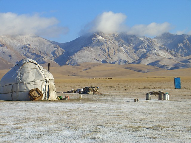 First Snow on Yurt and Mountains - Song Kul Lake, Kyrgyzstan
