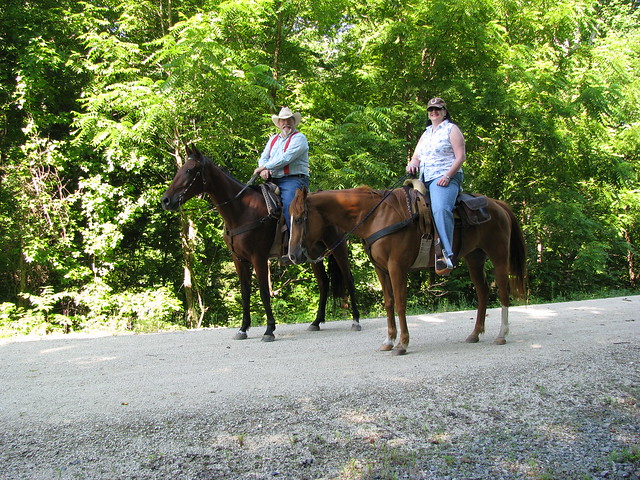 A couple and their horses enjoying the trail.