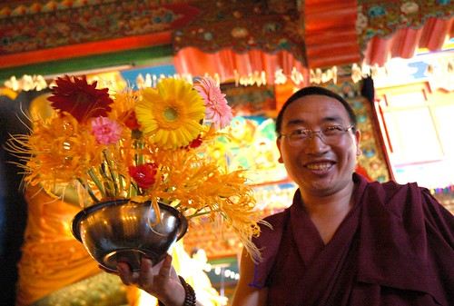 Master of Ceremonies Celebrates Lamdre, Celebrating Lamdre, a Tibetan Buddhist Monk (master of ceremonies) with a bright orange flower offering in a metal bowl, Tharlam Monastery, Boudha, Kathmandu, Nepal by Wonderlane