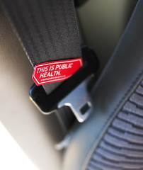 Seatbelt labeled in red "This is Public Health" 