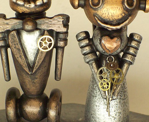 Robot Bride and Groom Wedding Cake Topper Wood Statues with Base 3