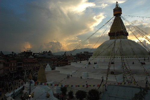 Marvelous clouds over the Great Wish Fullfilling Stupa on the east side, Boudha, sunset, Kathmandu, Nepal by Wonderlane