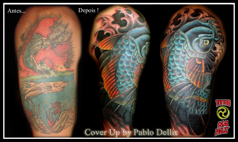 Cobertura de Tatuagem com carpa azul do DaniloCover Up Tattoo by Pablo 
