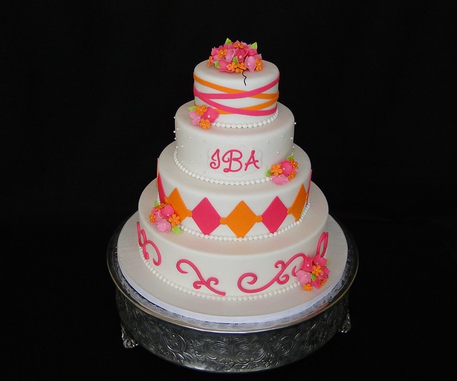 Hot pink and orange wedding cake