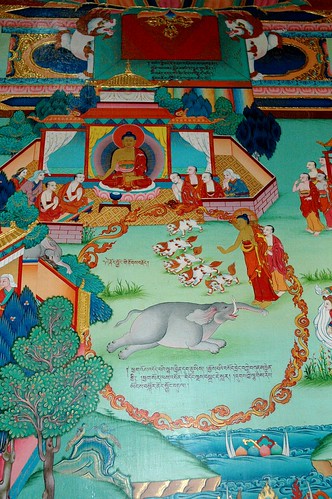 Buddha's story mural, The Elephant, snow lions, Tharlam Monastery, Bodha, Kathmandu, Nepal by Wonderlane