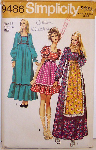 Vintage Simplicity pattern 9486 70's Boho Dress Short and Long Maxi WITHOUT APRON Size 12