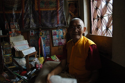 Meditator, monk in residence, prayers, prayer wheel, Gelugpa Monastery, Parping, hillside, Nepal by Wonderlane