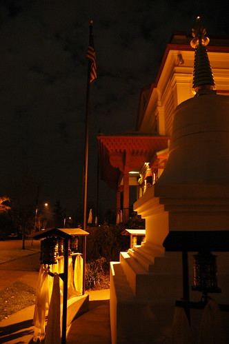 Khataks, American flag, night, sky, Paranirvana Stupa, prayer wheels, Sakya Monastery Seattle Washington USA by Wonderlane