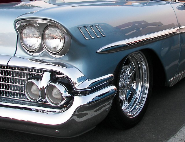 Awesome chrome detail on the front of a 1958 Chevy Impala