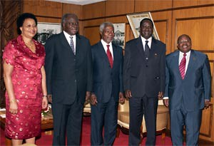 President Mwai Kibaki (second left) and Mr Raila Odinga (second right) with mediator Kofi Annan (centre), Ms Graca Machel and Mr Benjamin Mkapa after they held talks at Harambee House, Nairobi, on February 8, 2008. by Pan-African News Wire File Photos