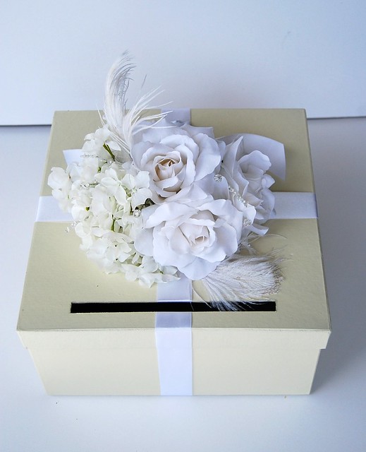 Vintage Glam Wedding Card Box Ivory White With Crystals Feathers