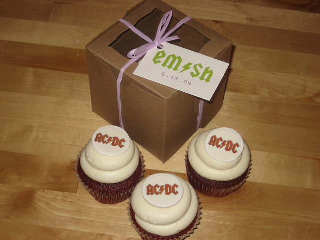 ACDC Wedding Cupcake Favors Red Velvet Cupcakes with ACDC Logo and Vanilla