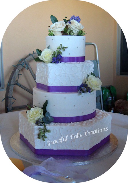 Elegant White and Purple Wedding Cake