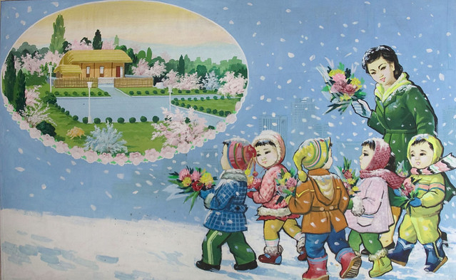 Propaganda poster showing kids going to Mangyongdae Kim Il Sung Native house - North Korea