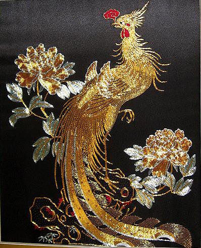 Hand embroidered Chinese phoenix with golden silk threads