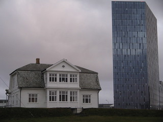 Old and new, house of Höfði and office block Reykjavik