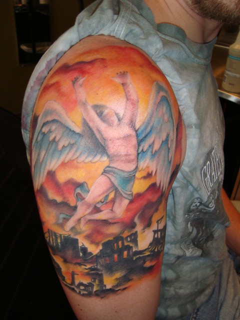 led zeppelin angel tattoo with fun burning city action by Sarah