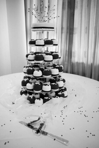 My first Cupcake Wedding Cake Black and White cupcakes with sugar hearts