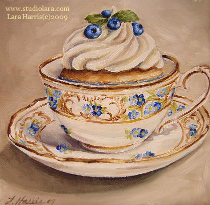 Blueberries Vintage Teacup Cupcake Painting in Oil