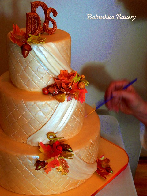 An Autumn Wedding Cake Quilted ivory draped effects sugar leaves 