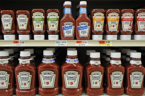 Bottles of ketchup at the grocery store