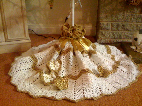 Christmas Ripple Tree Skirt and Crocheted Butterflies.