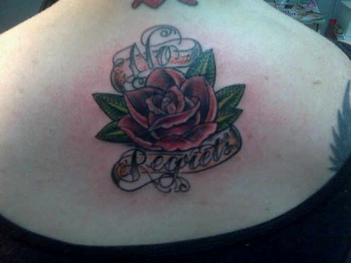 My newest tattoo 8 12 09 Old School Rose and a banner that says No 
