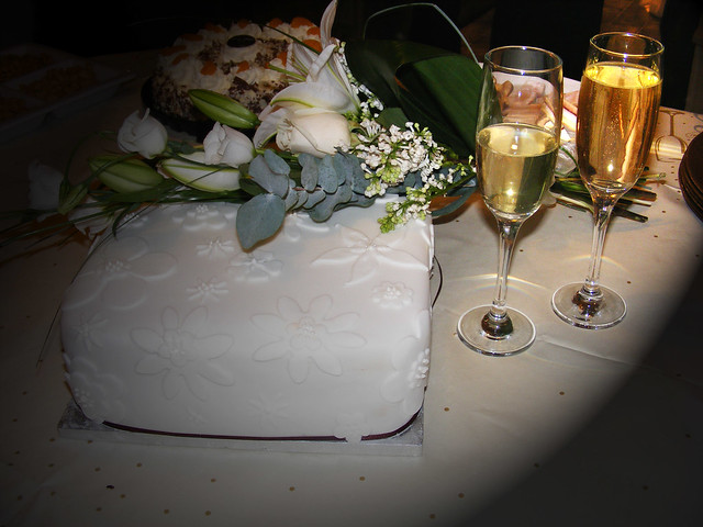 Wedding Cake and Champagne Glasses