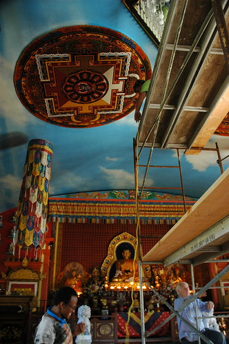 Hevajra Mandala on the ceiling, Buddhist shrine, volunteers Ikea and John work on installing the chandelier, scaffolding, Sakya Monastery of Tibetan Buddhism, Seattle, Washington, USA by Wonderlane