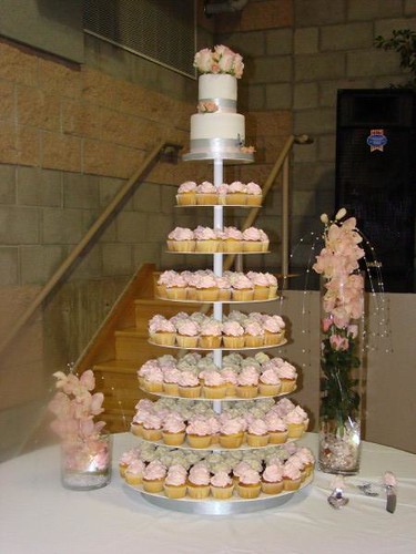 silver and pink wedding cupcake tower