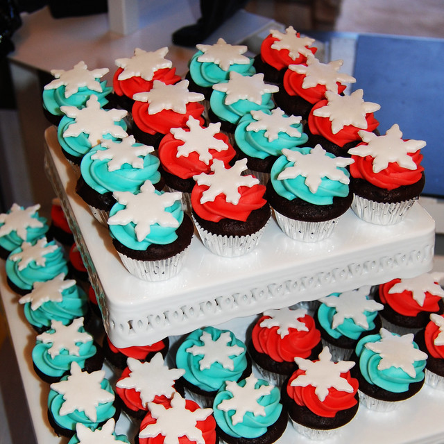 red and turquoise snowflake minicupcakes cupcake tower display for Urban 