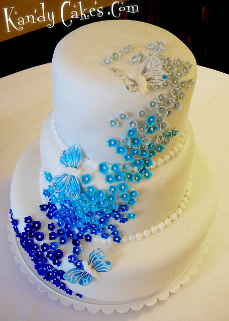 Blue Flowered Wedding Cake by Kandy Cakes by Leeroy Rokkenr hl Formerly of