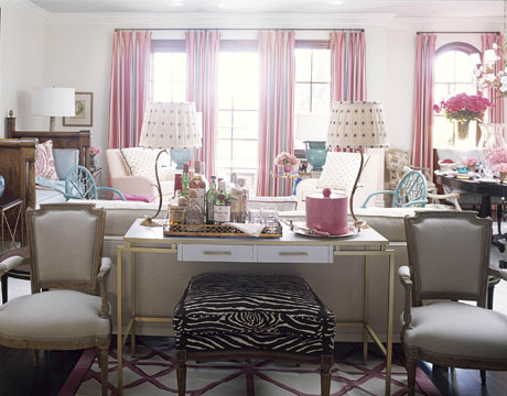 Colorful living room: Pink + turquoise + zebra print by decorator Joe Nye