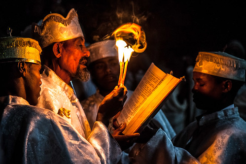 priest celebrate fasika in the church Bet Medhame Alem.(easter) lalibela-ethiopia.