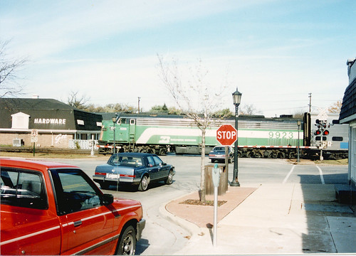 Westbound Burlington Northern / early Metra commuter local. Hindsdale Illinois. October 1989. by Eddie from Chicago