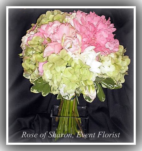 HandTied BouquetGreen Hydrangeas and Pink Peonies