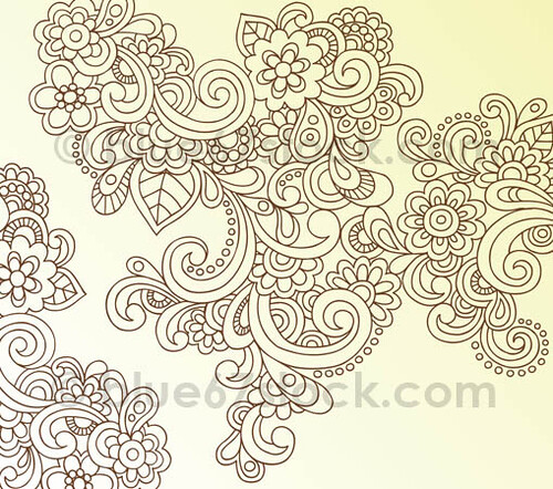 HandDrawn Psychedelic Paisley Henna Tattoo Doodle with Flowers and Swirls