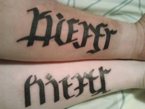 This ambigram and this ambigram as a finished tattoo