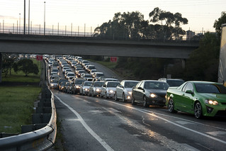 Traffic from the Eastern Freeway queues to turn into Hoddle Street and head towards the City