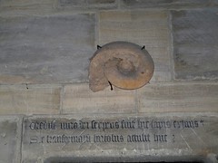 Ammonite encastrée et inscription latine. Eglise Notre-Dame de Bayeux, 22 juillet 2009.